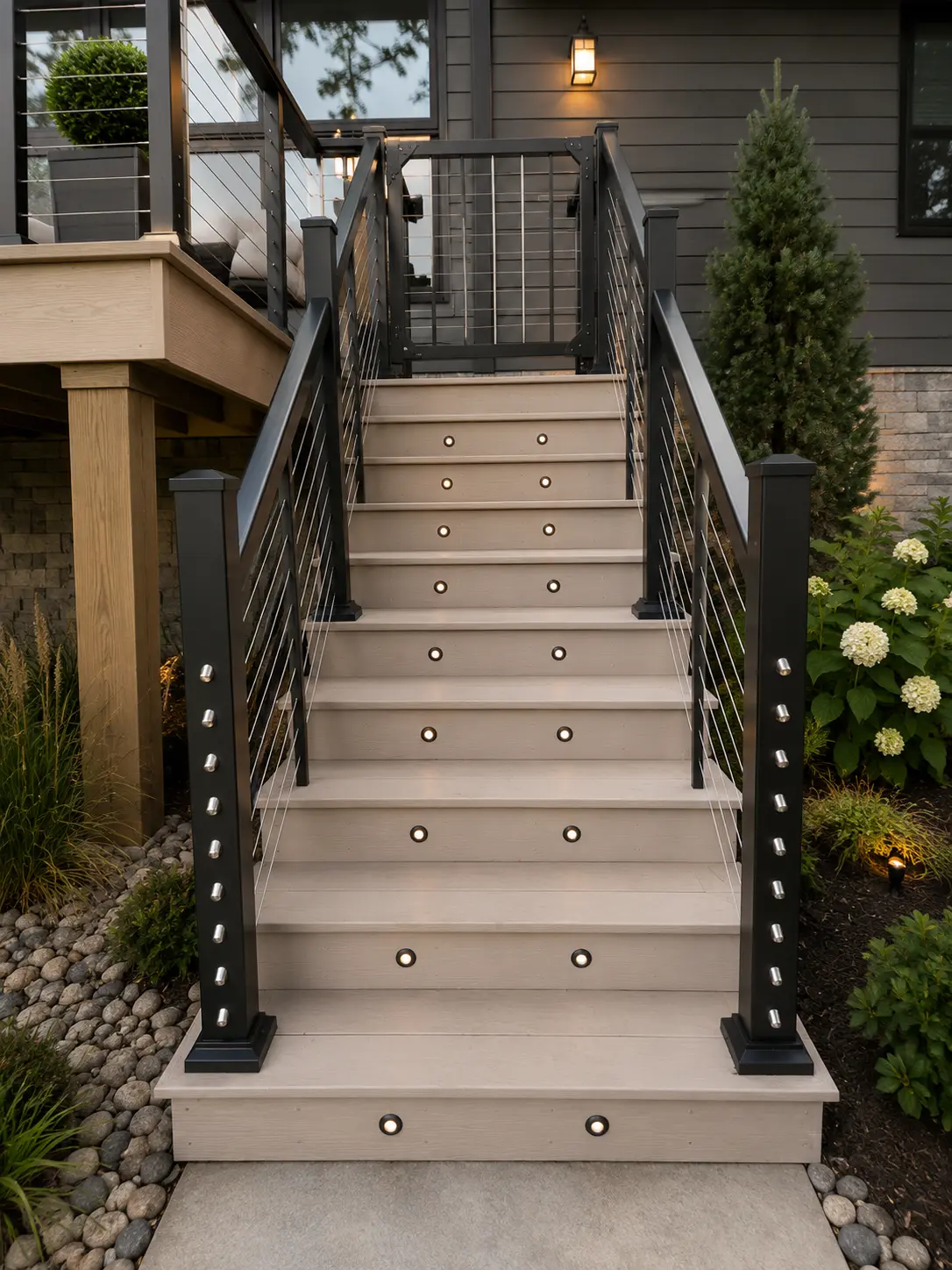 Composite deck stairs with black cable railing and step lights in Sun Prairie WI