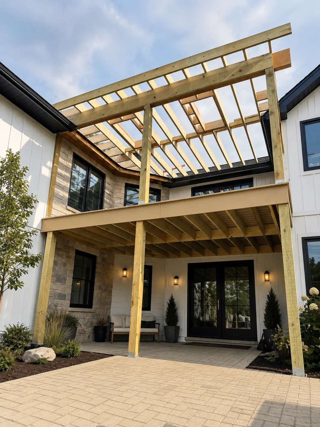Cedar pergola and covered porch framing over a paver entryway